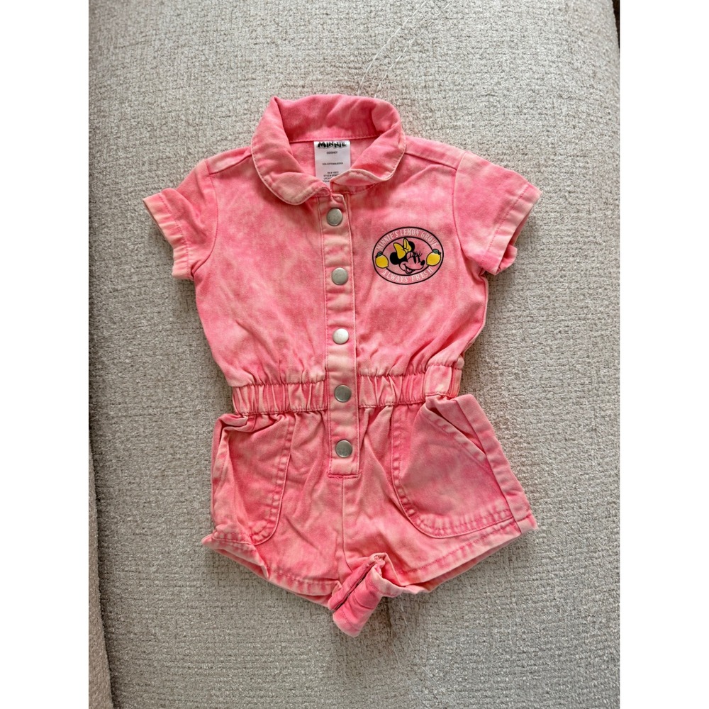 Disney Minnie Mouse Pink Acid Wash Denim Romper Lemon Grove 12M
